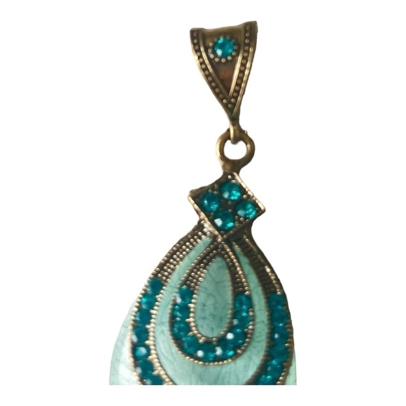 Vintage retro bohemian style turquoise rhinestones oval emerald pendant Women - Picture 5 of 10